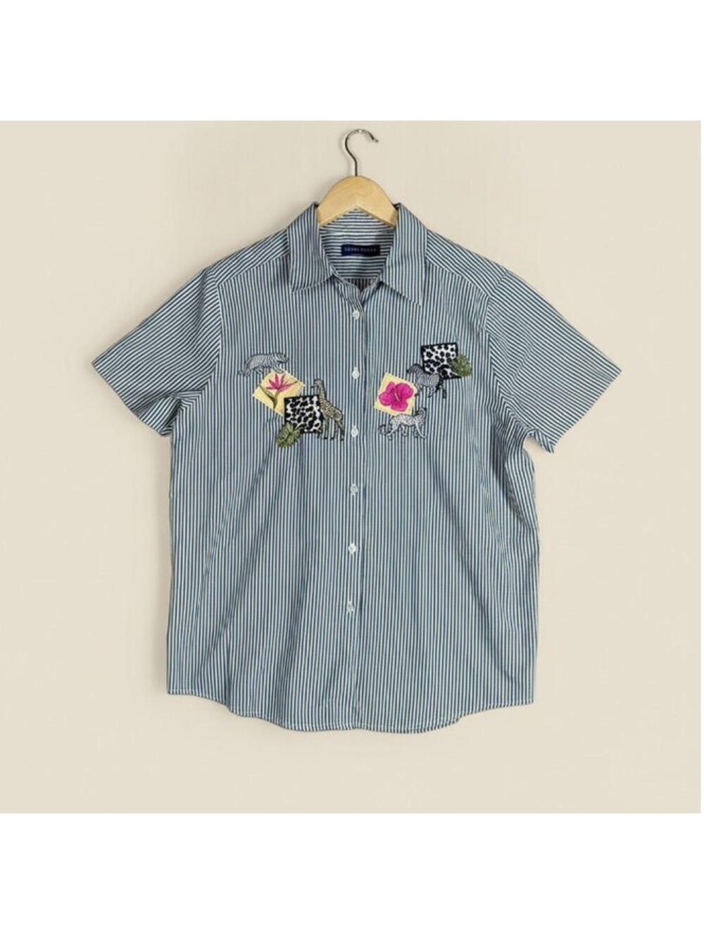 Karen Scott Casual Black Striped Button Up Shirt Floral Safari Embroidery Large